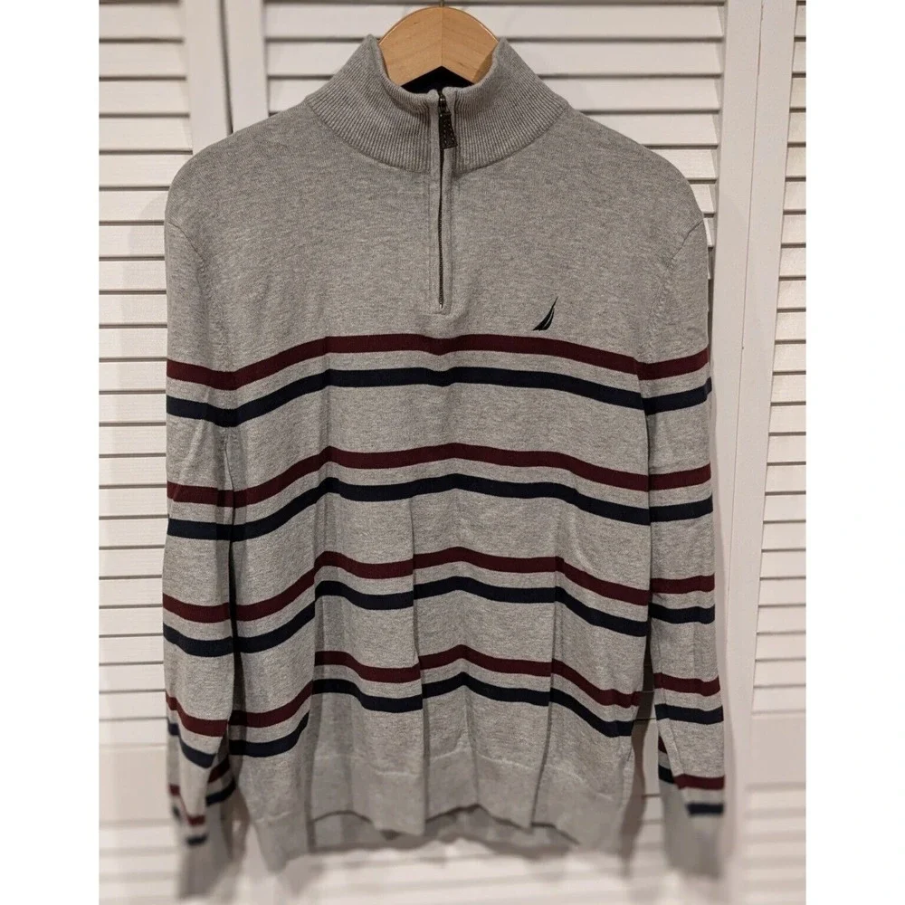 Nautica Men's L Gray Striped‎ Quarter Zip Pullover Sweater Logo Preppy Classic